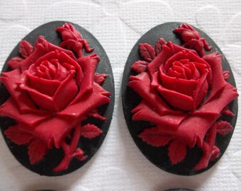 Blooming Red Rose Flower on Black Cameo - 40X30mm Plastic Cabochons - Qty 4