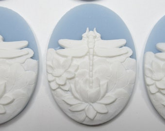 White Dragonfly & Lotus Flowers on Blue Cameo - 40X30mm Resin Cabochons - Qty 4