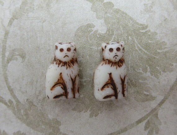 15mm Seated Cat Beads - Czech Glass Cat Beads - White Gold - Qty 10