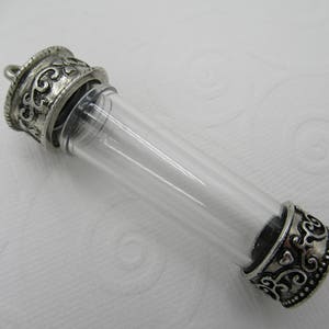 Glass Vial Pendant - Fillable Locket - Empty Bottle Tube - Antiqued Silver Screw On Top - 56mm tall (2&1/4 inches) - Qty 1