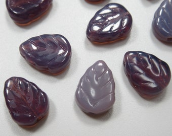 Glass Leaf Beads - Purple Opal Engraved Leaves - Amethyst Leaf Pendants Charms - 10X8mm - Czech Glass Loose Beads - Qty 12