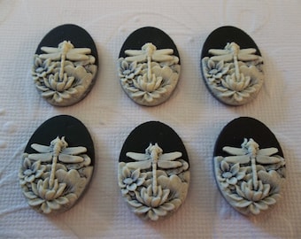 Ivory Dragonfly & Lotus Flowers on Black Cameo - 25X18mm Resin Cabochons - Qty 4