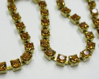 3mm Topaz Rhinestone Cup Chain - Brass Setting - Gold Topaz Preciosa Czech Crystals - Choose Your Length