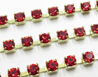 3mm Red Rhinestone Cup Chain - Brass Setting - Light Siam Red Preciosa Czech Crystals - Choose Your Length