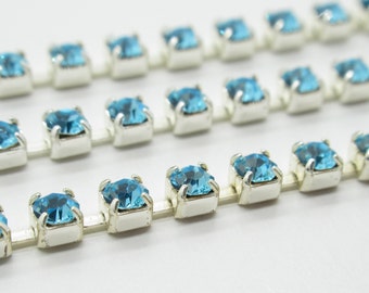 3mm Aqua Blue Rhinestone Chain - Silver Plated Setting - 24PP Preciosa Czech Crystals - Aqua Bohemica - Your Choice Length