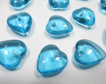 Glass Heart Beads - Aqua Blue - 12mm with Top Hole - Puff Hearts - Earring Findings - Made in Czech Republic - Qty 12