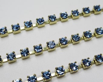 Lt Sapphire Blue Czech Crystals Brass Setting 2mm Blue Opal Rhinestone Chain