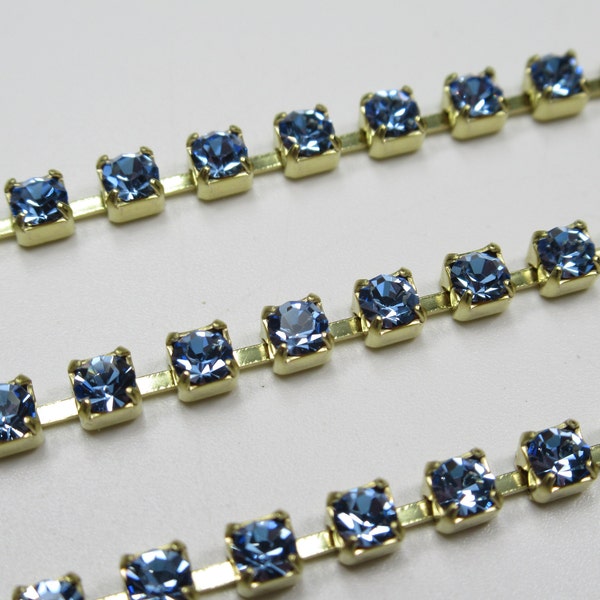 3mm Light Sapphire Blue Rhinestone Cup Chain - Brass Setting - Light Sapphire Preciosa Czech Crystals - Choose Your Length