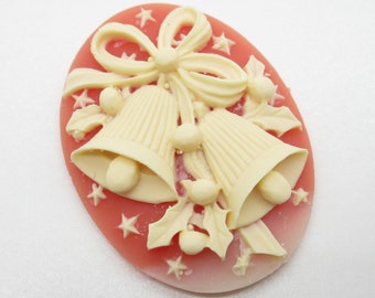 Holiday Bells with Holly & Bow Christmas Cameos - 40X30mm Cabochons - Ivory on Pink - Flat Back Resin - Qty 4