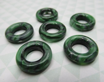 Green Tigereye Chunky Rings - Czech Glass - 14mm Spacer Separator Beads - Connector Links - Large Hole - Color Jump Rings - Qty 6