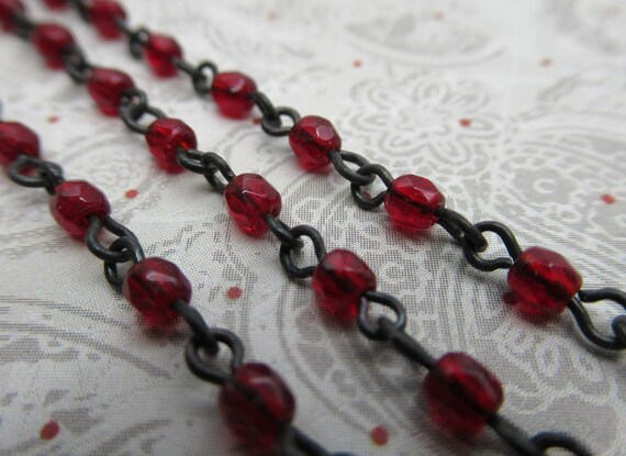 4mm Opaque Ivory Bead Chain Qty 18/" Glass Beads on Jet Black Rosary Chain