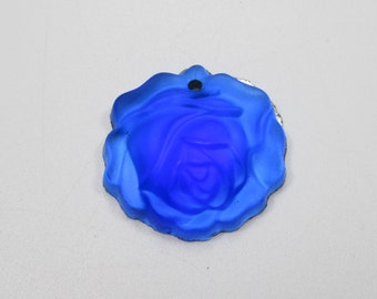 Blue Rose Pendant or Charm - Glass - Matte Sapphire - 18mm Carved Flower - Gold Foil Back - Made in Germany - Qty 1
