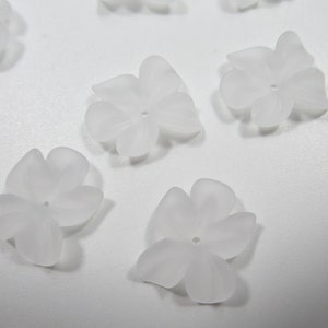 White Flower Beads - 15mm Flower Pendants - 5 Petal Acrylic Flower Drops Center Hole - Matte Crystal White - Bead Caps - Qty 12