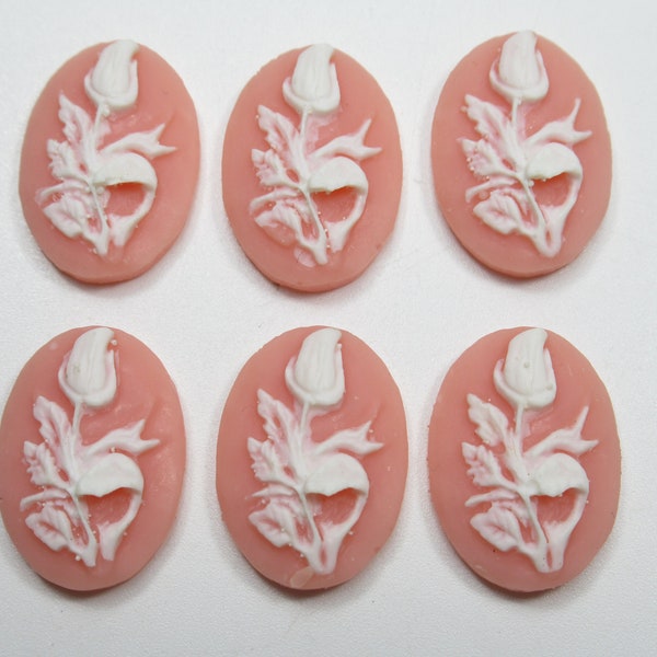 White Rose Bud Flower Cameos - 18X13mm Oval Cabochons - White on Angelskin Pink Floral - Resin - Retro Vintage Style - Qty 4