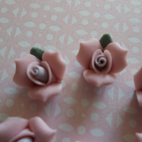 11mm Pink Ceramic Roses - 1/2" Flower Cabochons - Green Leaf - Purple Center - Flat Back Cameos - Porcelain Flower Embellishment - Qty 6