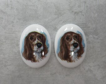 Dog Cameos -  English Spaniel - 25X18mm Oval Cabochons - Decal Picture Stones - Made in Germany - Qty 2