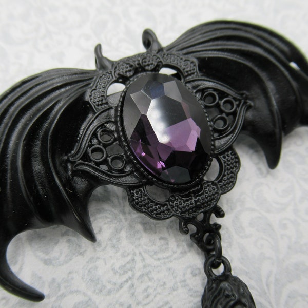 Victorian Black Bat Pendant - Purple Rhinestone - Doubles as Pin - Halloween Pendant or Decoration - Steampunk Fantasy - Qty 1