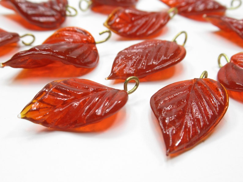 12 Rust Orange Glass Leaf Charms Beads Leaves with Brass Loops 24mm X 14mm 