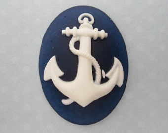 Anchor Cameos - 25X18mm Cabochons - White Anchor on Cobalt Blue Base Nautical Pendants - Qty 6