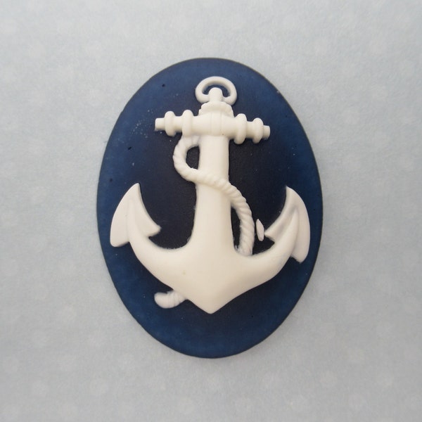 Anchor Cameos - 25X18mm Cabochons - White Anchor on Cobalt Blue Base Nautical Pendants - Qty 6