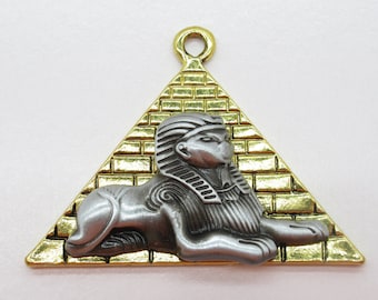 Egyptian Pyramid & Sphinx Pendant - Silver and Gold - Large Egypt Mediterranean Architectural Archaeology Steampunk - Qty 1 *NEW*
