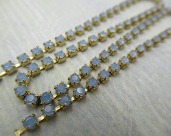 2mm Blue Opal Rhinestone Cup Chain - Brass Setting - Light Sapphire Blue Opal Preciosa Maxima Czech Crystals - Choose Your Length