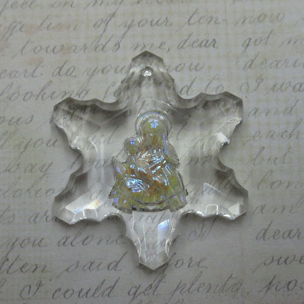 Madonna & Child Snowflake Pendant - German Glass Engraved Intaglio - 26mm Crystal AB - Christmas Ornament Christian Baby Jesus - Qty 1