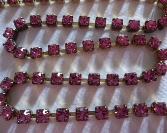 3mm Pink Rhinestone Cup Chain - Brass Setting - Rose Pink Preciosa Czech Crystals - Choose Your Length