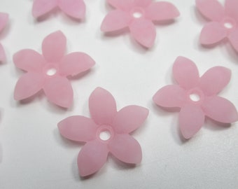 Pink Flower Beads - 18mm Flower Pendants - 5 Petal Acrylic Flower Drops Center Hole - Matte Rose Pink - Large Bead Caps - Qty 12