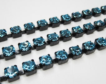 6mm Aqua Blue Rhinestone Cup Chain - Black Setting - Aqua Bohemica Preciosa Czech Crystals - Large Crystal Size 29SS  - Choose Length