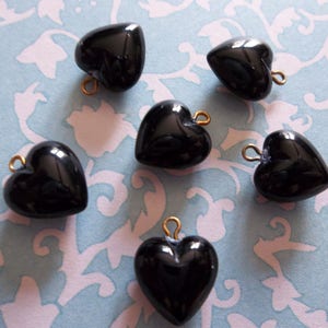 Jet Black Heart Charms Pendants or Earring Findings - 9mm with Brass Loop - Made in Germany - Qty 6