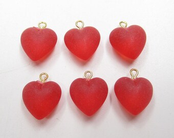 Matte Ruby Red Red Heart Charms Pendants or Earring Findings - 9mm with Brass Loop - Made in Germany - Qty 6