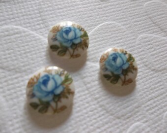 Vintage Decal Picture Stones - Blue Rose on White Cameo -  10mm Round Glass Cabochons - Qty 6