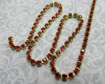 2mm Light Siam Ruby Red Rhinestone Cup Chain - Brass Setting - Light Siam Ruby Red Preciosa Czech Crystals - Choose Your Length