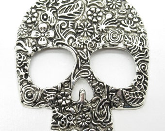 Large Floral Skull Pendant - 65mm - Halloween Steampunk Goth Pendant - Antiqued Silver - Open Eyes & Nose - Qty 1 *NEW*