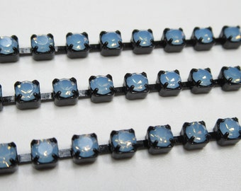 3mm Blue Opal Rhinestone Cup Chain - Black Plated Setting - Light Sapphire Blue Opal Preciosa Maxima Czech Crystals - Choose Your Length