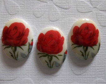 Cameos vintage - Red Rose Glass Cabochons - 25X18mm - Made in Germany - Qty 2