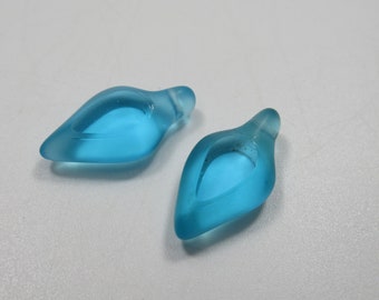 Glass Petal Leaf Beads - Aqua Blue - Spike Spear Charms - 20X11mm - Czech Glass 1/2 Frosted Window Cut Center - Qty 2