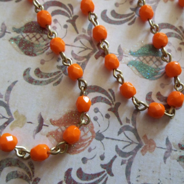 Bead Chain Rosary Chain Orange 4mm Fire Polished Glass Beads on Brass Beaded Chain - Qty 18 Inch strand