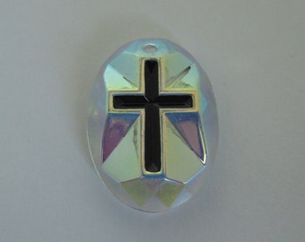 Cross Cabochons - Glass Carved Intaglio Back 18X13mm Jet Black on Crystal Clear AB - Christian Catholic Religious - Made in Germany - Qty 1