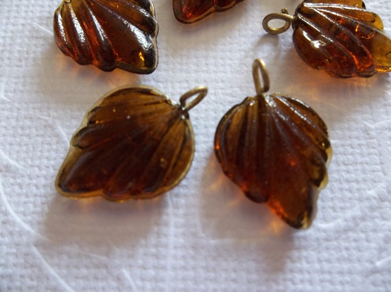 12 Smoke Topaz Leaf Charms Beads Leaves with Brass Loops 24mm X 14mm