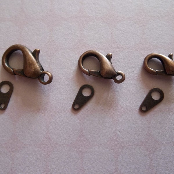 18 Antiqued Copper Lobster Clasps in 10mm, 12mm and 14mm Sizes with Tag Connectors