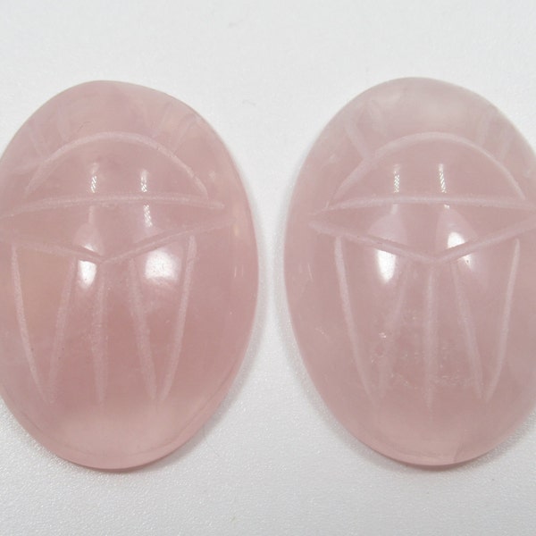 Scarab Cabochons - 25X18mm Oval Gem Stones - Rose Quartz Natural Stone - Green Carved Beetle - Egyptian Symbols on Back - Qty 2