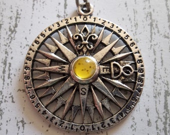 Compass Rose Pendant with Yellow Cabochon & Fleur de Lis Accent - Antiqued Silver - Steampunk - Large - Qty 1 *NEW*