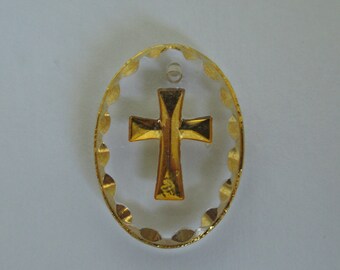 Glass Cross Pendant - Gold Cross on Crystal Clear Base - 18X13mm Oval Crystal Stones Engraved Intaglio - Made in Germany - Qty 1