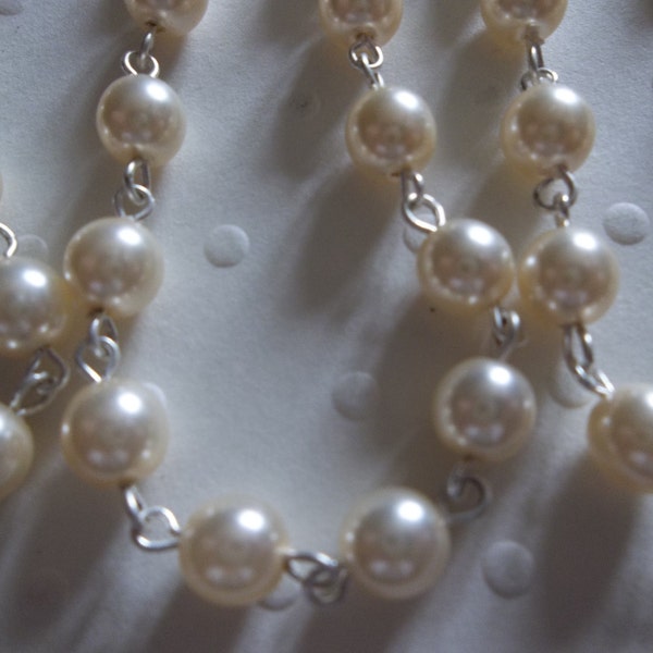 Cadena de cuentas - Cadena de cuentas de perlas - Cadena de rosario - Perlas de crema de marfil de 6 mm - Cadena de cuentas de plata - Perlas de vidrio - Suministros de joyería