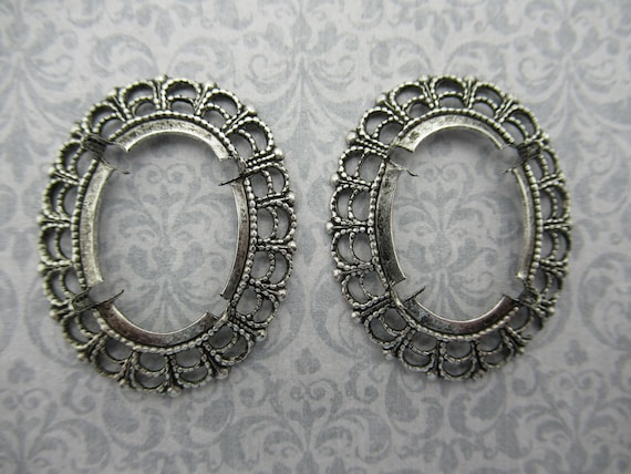 Silver Plated Brass 25X18mm Settings Oval Pendants Fancy Bezel Frames Qty 6