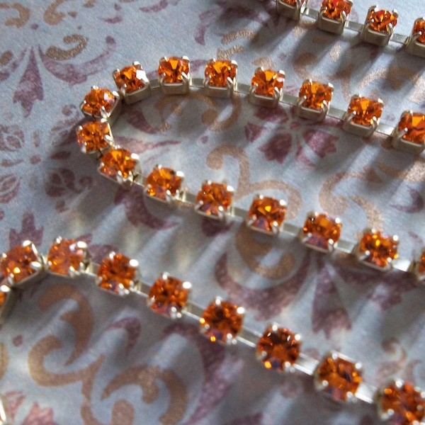 3mm Sun Orange Rhinestone Cup Chain - Brass Setting - Sun Orange Preciosa Czech Crystals - Choose Your Length