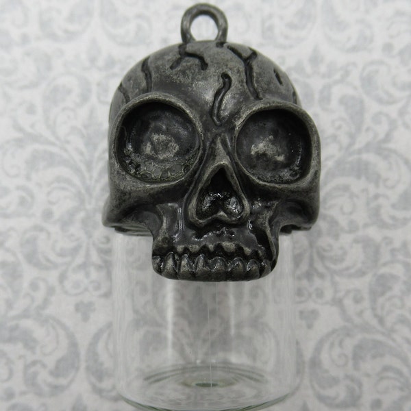 Skull Vial Pendant - Glass Bottle Locket Decoration with Silver Top - Fillable for Halloween - Qty 1 *NEW*