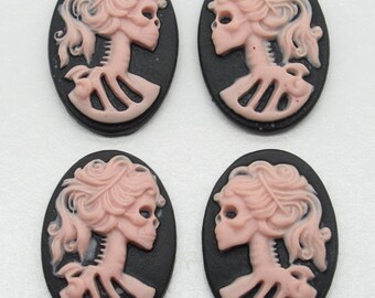 Lolita Skeleton Cameos - Pink on Black - Skull Cabochons - 18X13mm - Oval Resin Cabochons - Halloween Skull Pendant - Qty 4 *NEW*